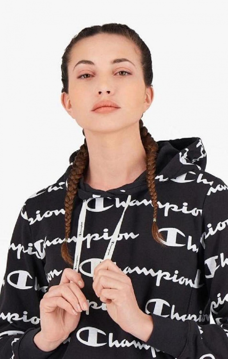 Sudadera con Capucha Champion All-Over Script Logo Hoodie Negras | 3194-ZFHJE