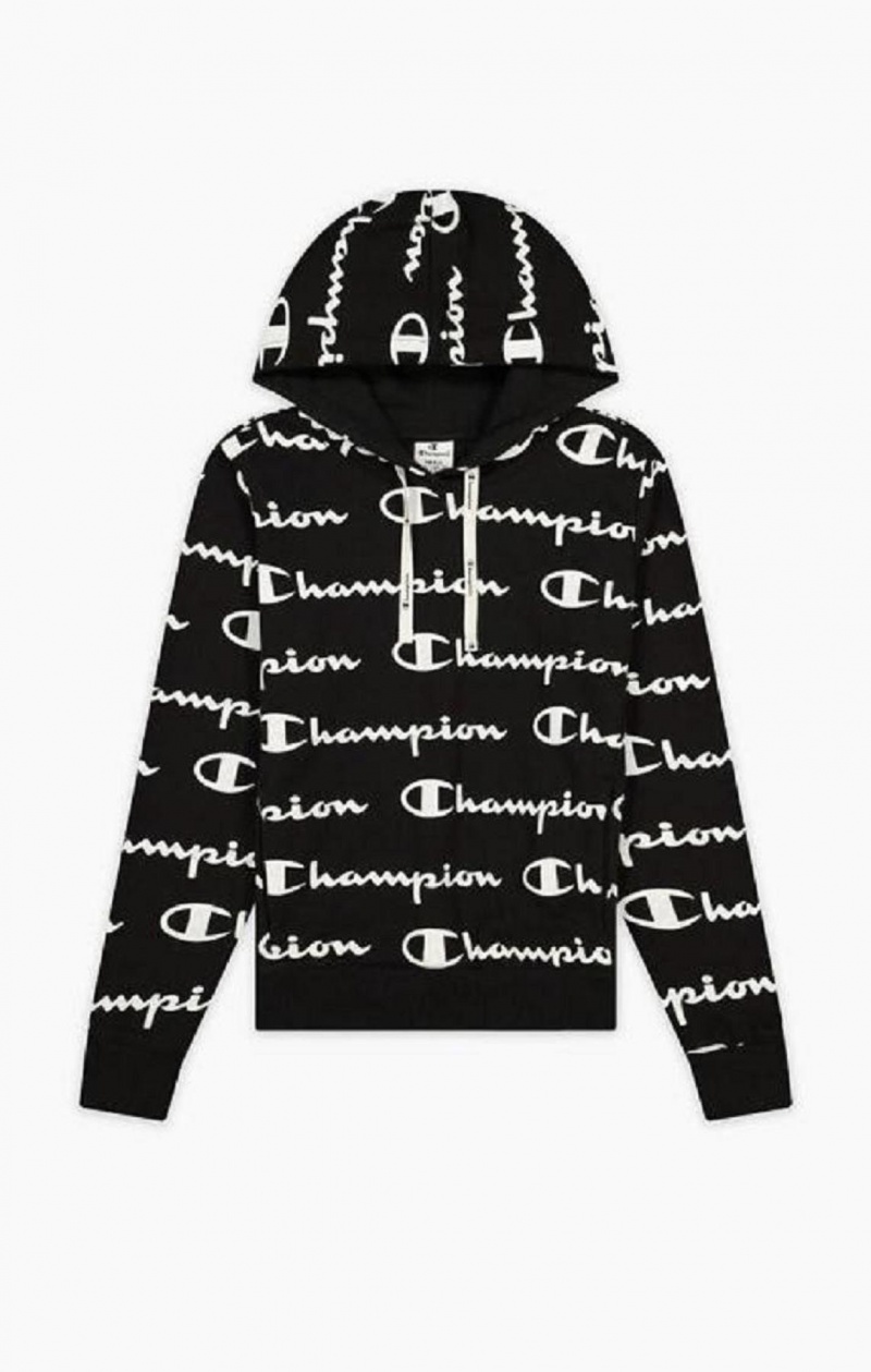 Sudadera con Capucha Champion All-Over Script Logo Hoodie Negras | 3194-ZFHJE