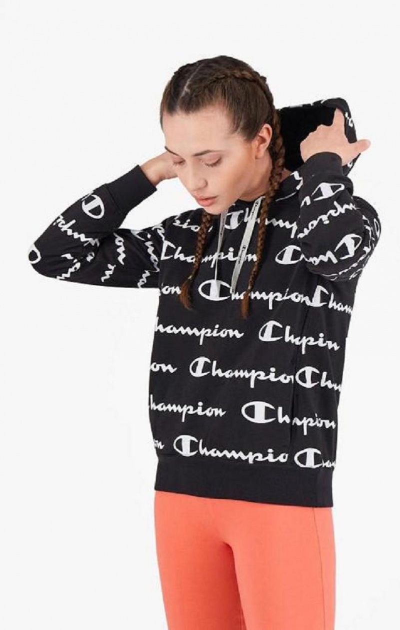 Sudadera con Capucha Champion All-Over Script Logo Hoodie Negras | 3194-ZFHJE