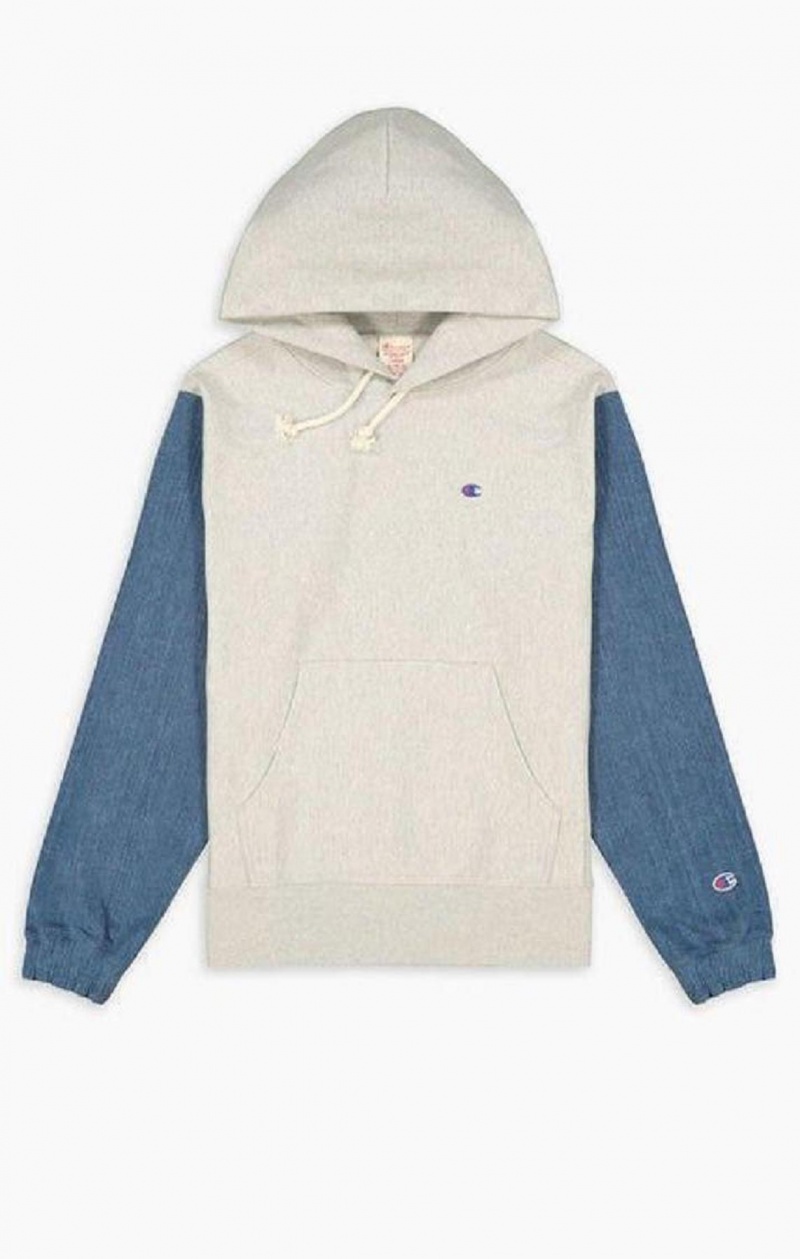 Sudadera con Capucha Champion Denim Sleeve Reverse Weave Hoodie Gris Claro | 7365-SQHET