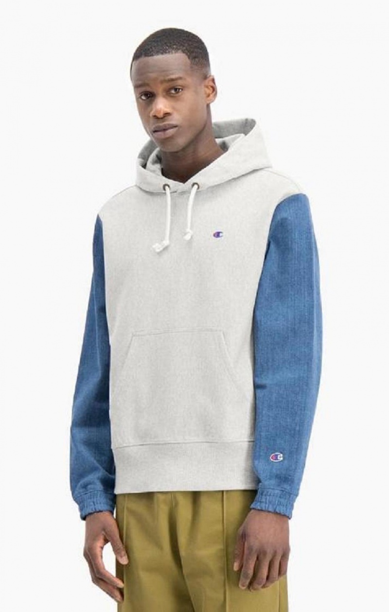 Sudadera con Capucha Champion Denim Sleeve Reverse Weave Hoodie Gris Claro | 7365-SQHET