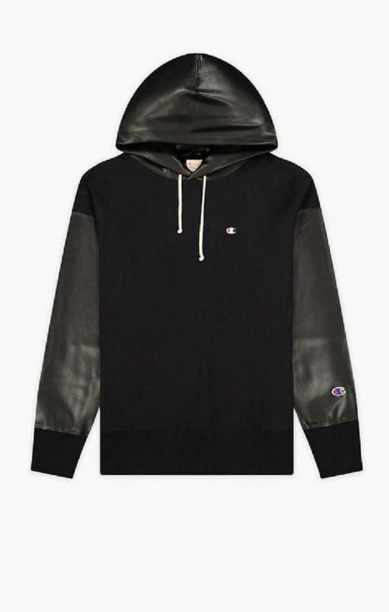 Sudadera con Capucha Champion Faux Cuero Panel Reverse Weave Hoodie Negras | 7516-AZHVD