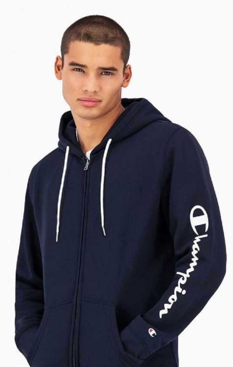 Sudadera con Capucha Champion Logo Sleeve Zip-Up Fleece Hoodie Azules Oscuro | 3274-BXZWQ