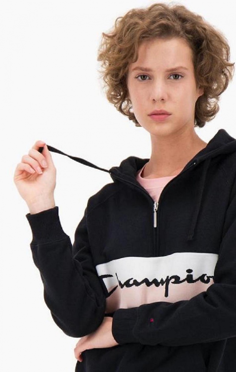 Sudadera con Capucha Champion Rib Insert Script Logo Half Zip-Up Hoodie Negras | 2436-DRBQX