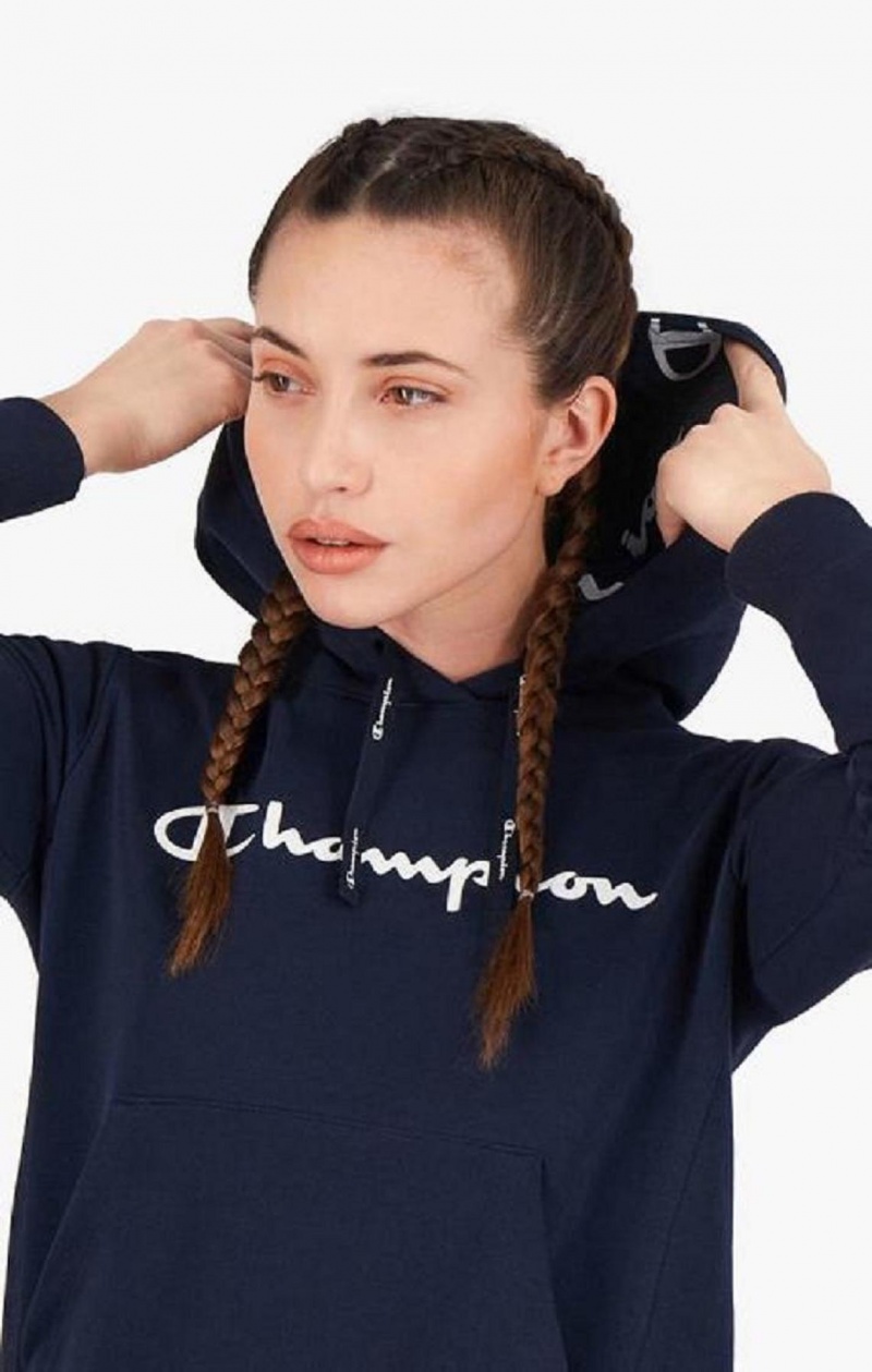 Sudadera con Capucha Champion Rubber Script Logo Hoodie Azules Oscuro | 2381-IAPWH