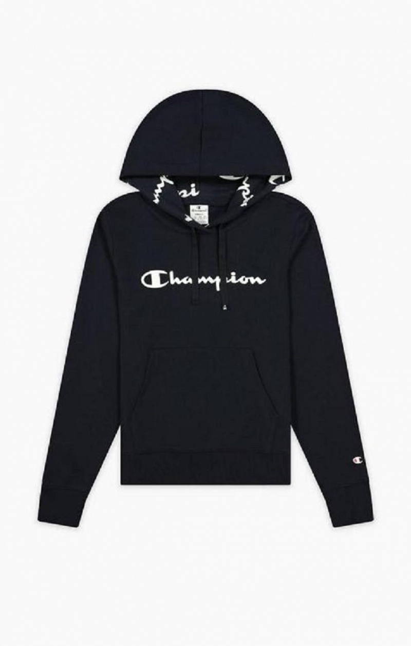 Sudadera con Capucha Champion Rubber Script Logo Hoodie Azules Oscuro | 2381-IAPWH