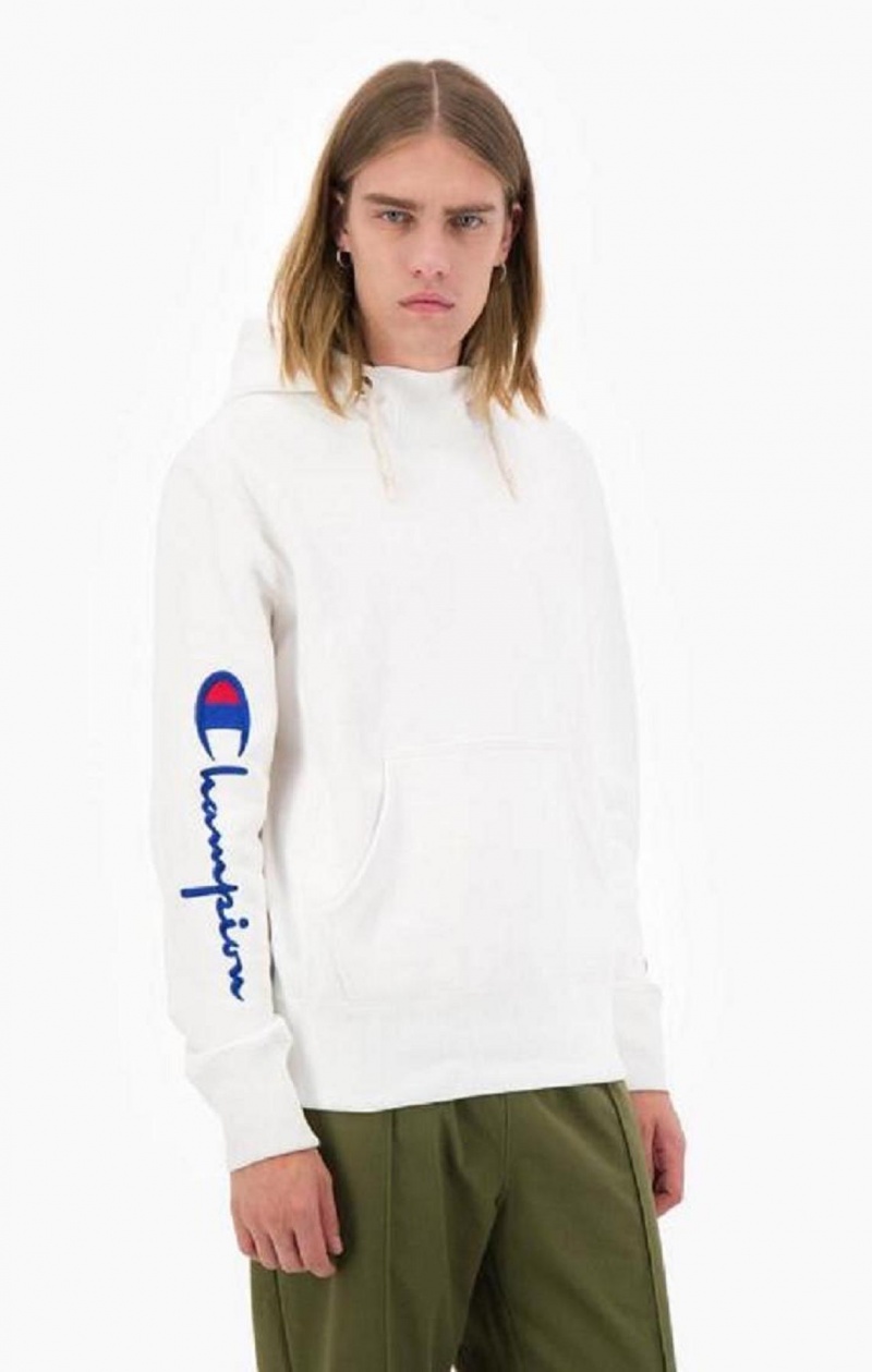 Sudadera con Capucha Champion Script Logo Arm Reverse Weave Hoodie Blancas | 3658-RXNHB