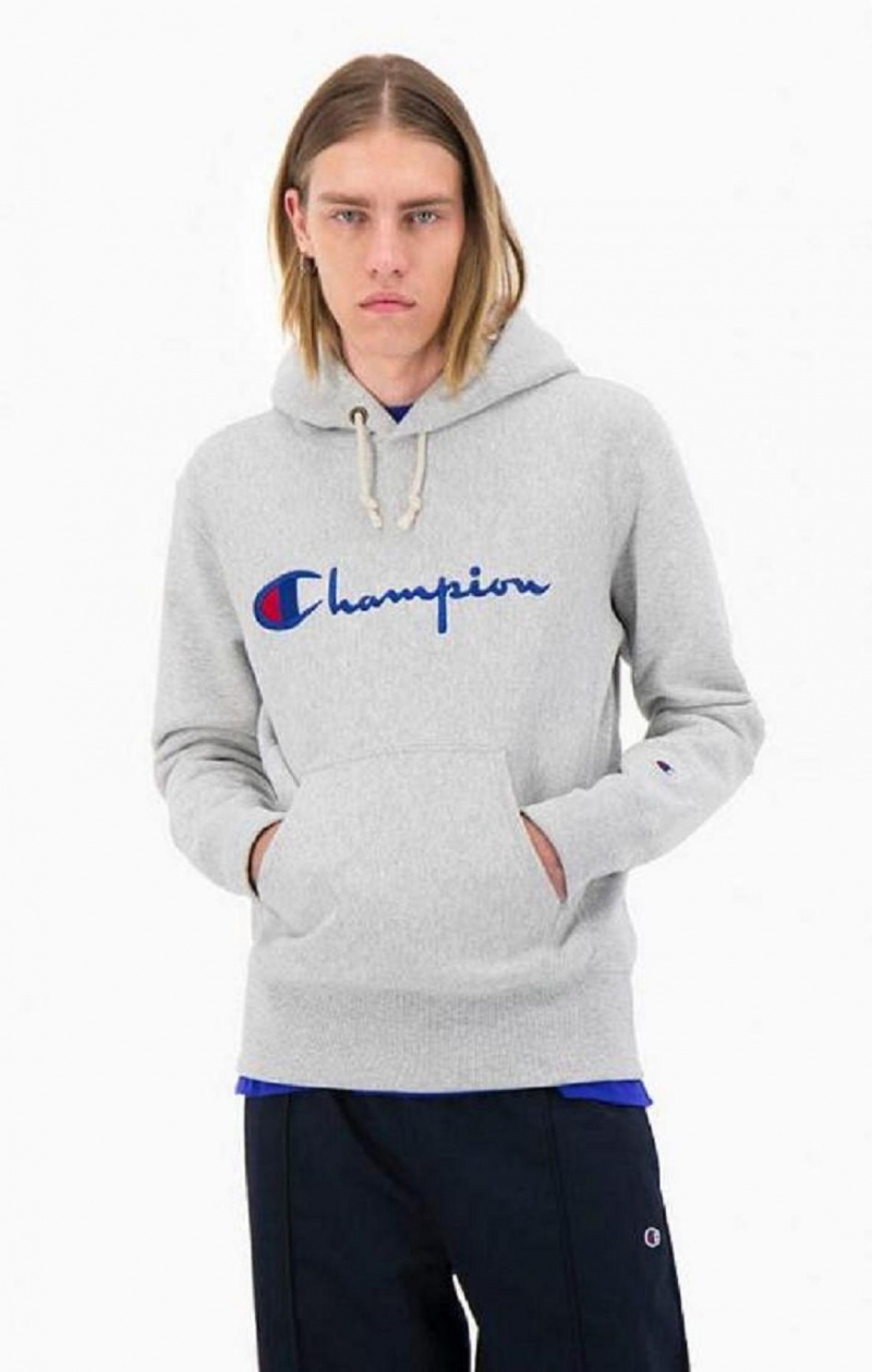 Sudadera con Capucha Champion Script Logo Reverse Weave Hoodie Gris Claro | 5287-YJZKI