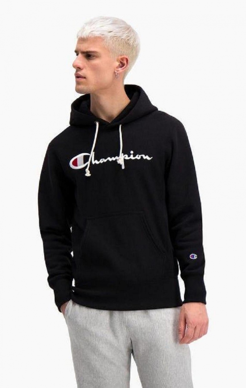 Sudadera con Capucha Champion Script Logo Reverse Weave Hoodie Negras | 0381-FZJKA