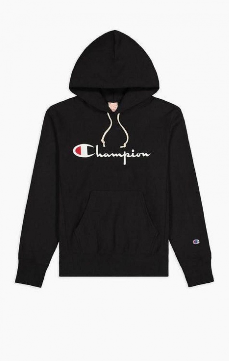 Sudadera con Capucha Champion Script Logo Reverse Weave Hoodie Negras | 0381-FZJKA