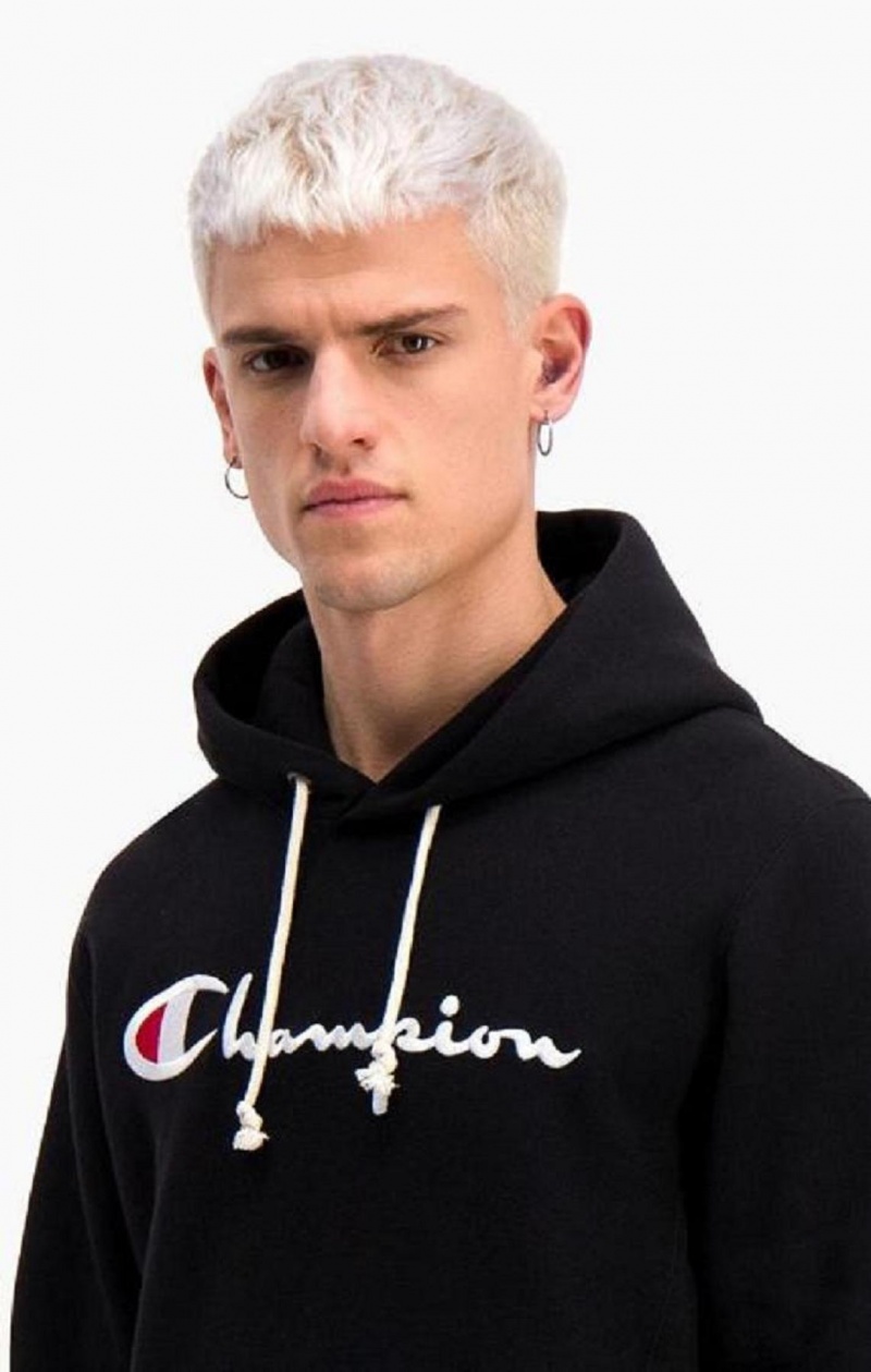 Sudadera con Capucha Champion Script Logo Reverse Weave Hoodie Negras | 0381-FZJKA