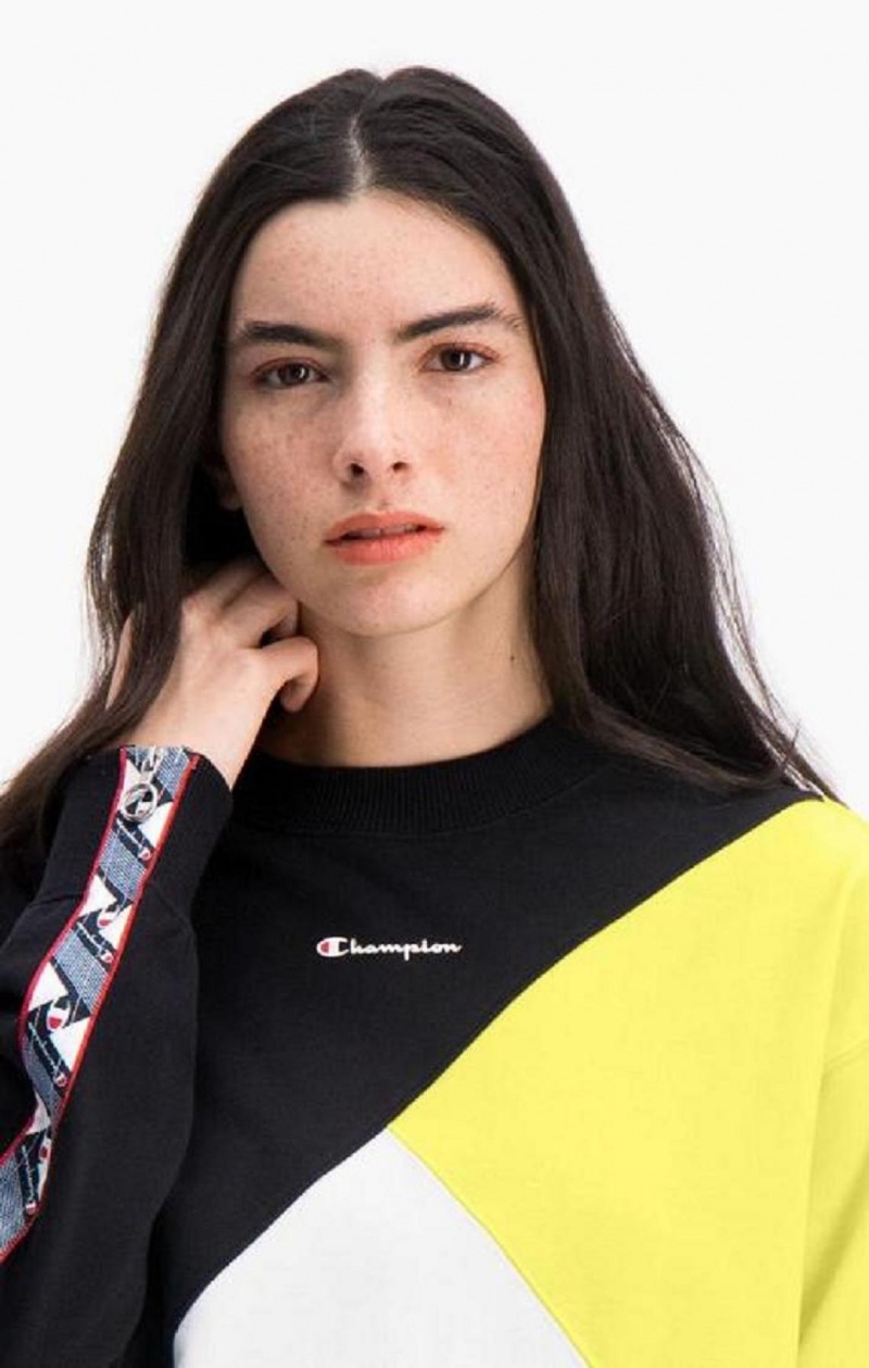 Sudaderas Champion Colour Block Logo Tape Sweatshirt Negras Blancas | 7493-NUQXP