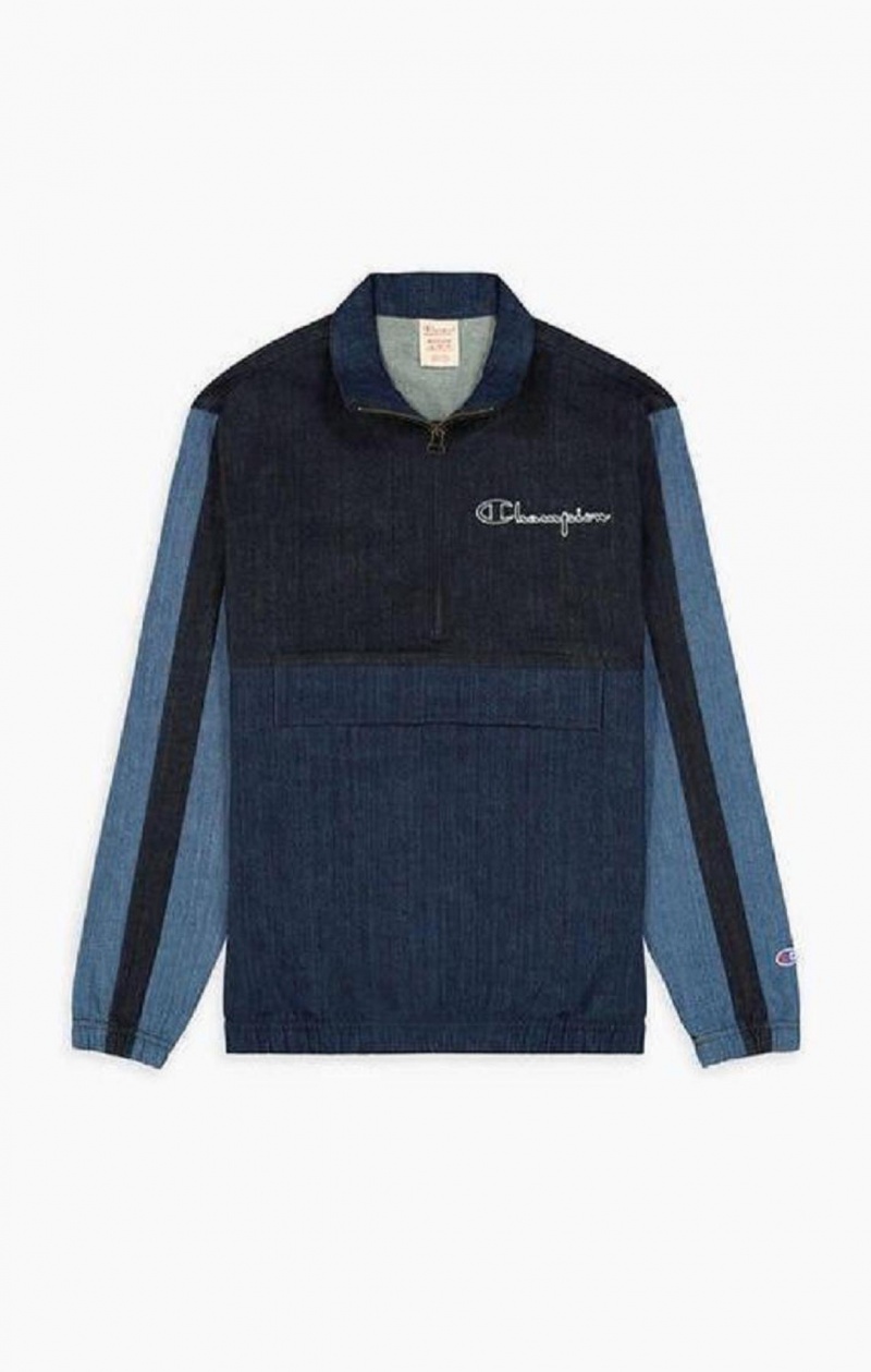 Sudaderas Champion Half Zip-Up Denim Patchwork Sweatshirt Turquesa Azules | 7641-DUXKB