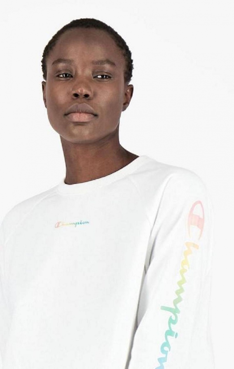 Sudaderas Champion Rainbow Script Logo Print Cropped Sweatshirt Blancas | 9357-HNEMK