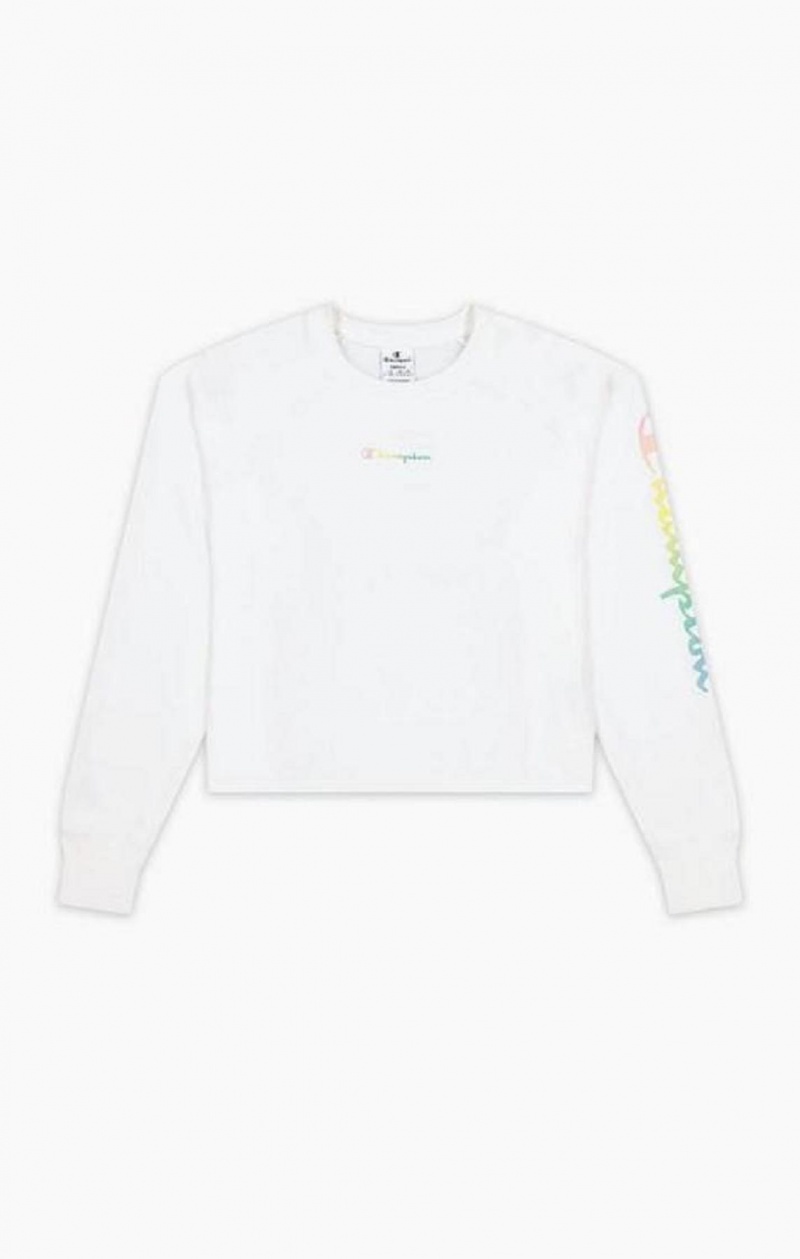 Sudaderas Champion Rainbow Script Logo Print Cropped Sweatshirt Blancas | 9357-HNEMK