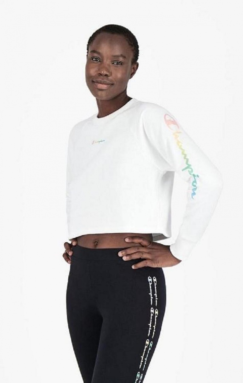 Sudaderas Champion Rainbow Script Logo Print Cropped Sweatshirt Blancas | 9357-HNEMK