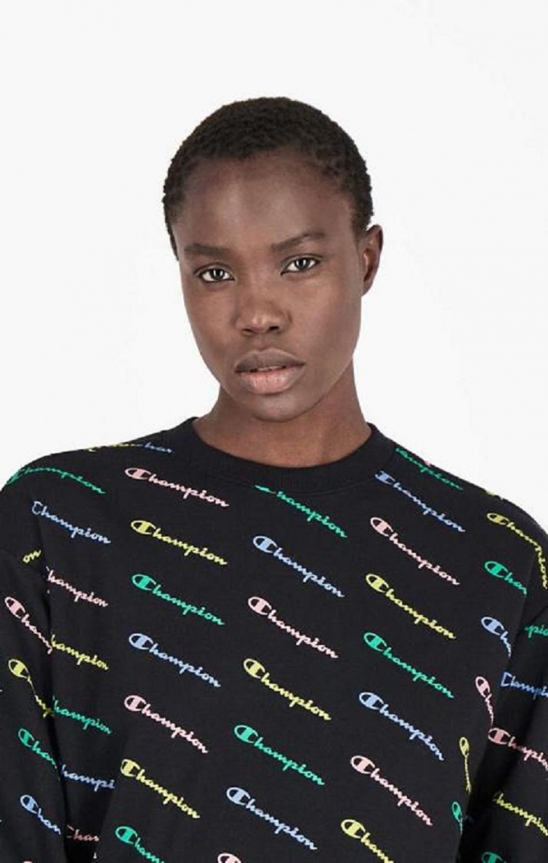 Sudaderas Champion Repeat Rainbow Script Logo Print Sweatshirt Negras | 4076-ESPID