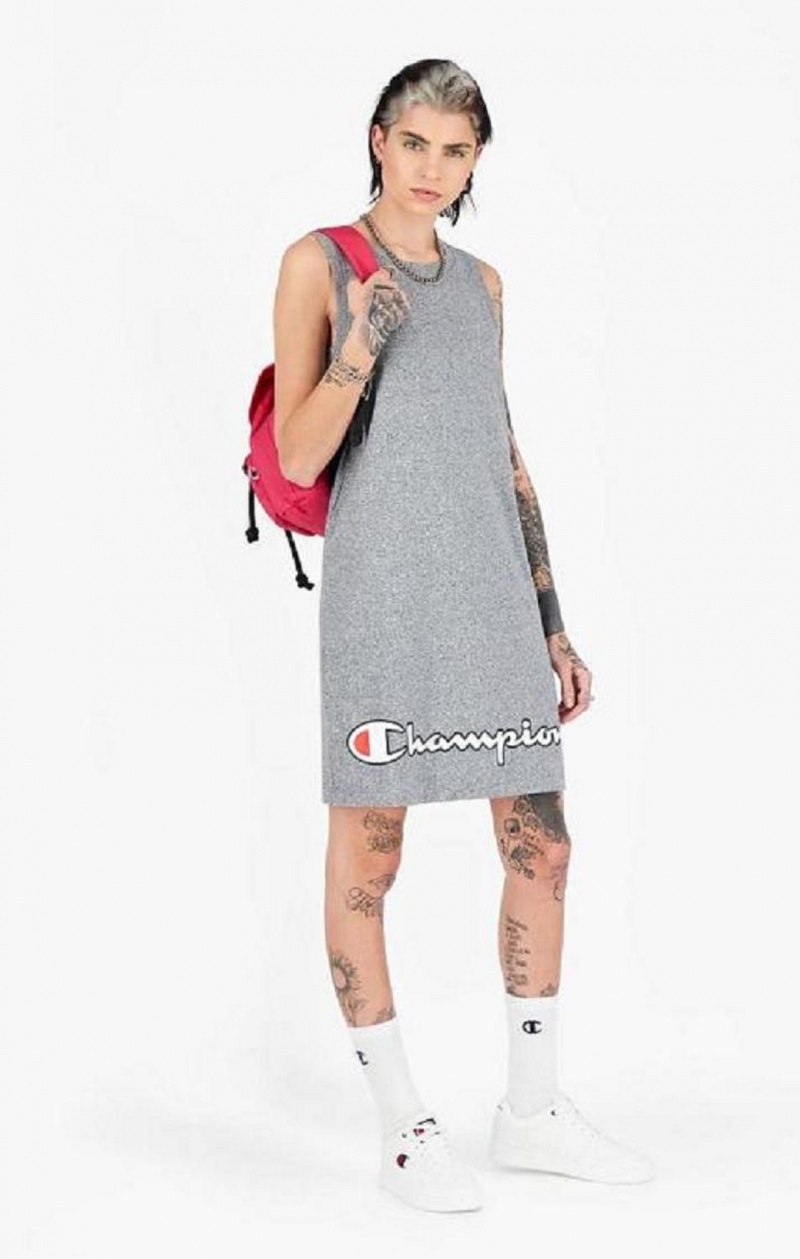 Vestido Champion Script Logo Acanalado Trim Tank Midi Vestido Gris Oscuro | 0628-SNIPQ